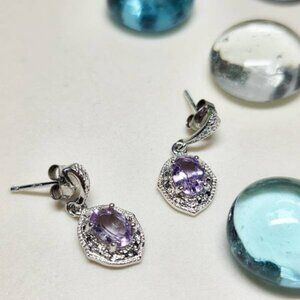 Sterling Silver Purple Stone Dangle Drop Earrings Victorian Style